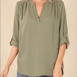 Henley Blouse V Neck & Cuffed Sleeves